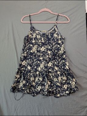 Navy Blue Floral Tiered Spaghetti Strap Dress Cotton